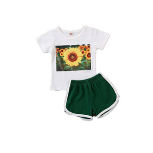 2-7Y Toddler Sunflower Print Short Sleeve T Shirts Tops Green Shorts Casual Outfit