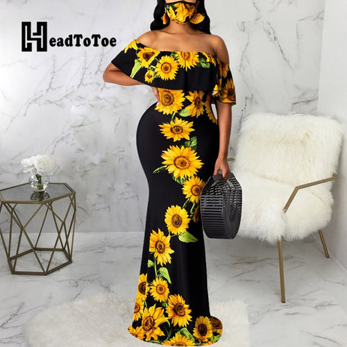 Sunflower Print Off Shoulder Maxi Dress