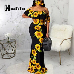 Sunflower Print Off Shoulder Maxi Dress