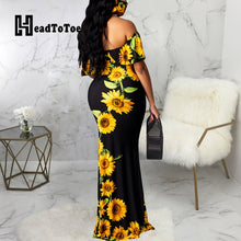 Load image into Gallery viewer, Sunflower Print Off Shoulder Maxi Dress